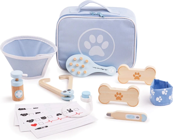 Bigjigs Toys veterinarski set za otroke – leseni komplet za ljubljenčke, 12 kosov