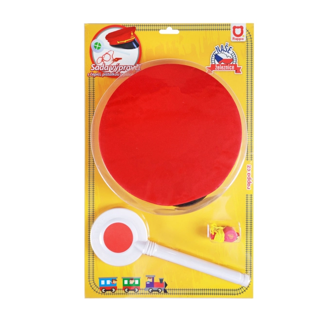 Set železniškega sprevodnika tkanina/plastika kapica, loparček, piščalka na kartonu 30x48x8cm