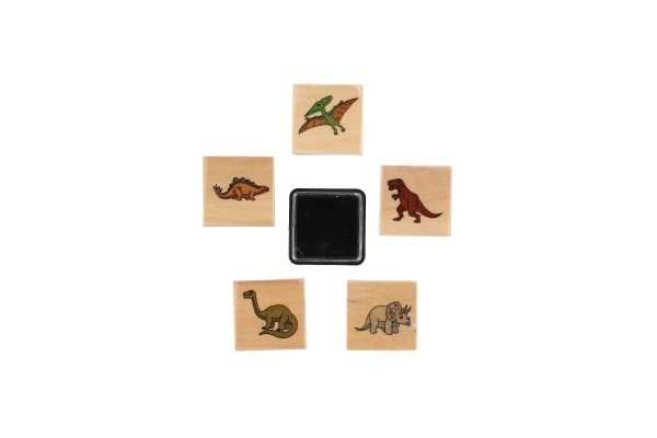 Leseni žigi 5+1 s blazinico dinozavri 3x3cm na kartonu