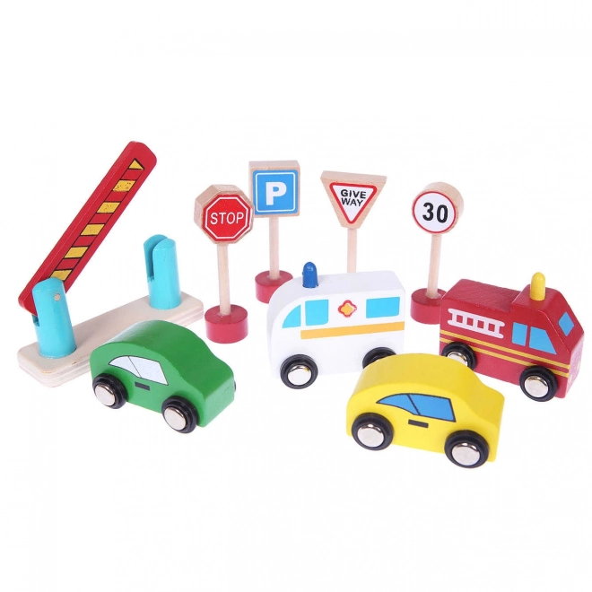 Lesena garažna steza z dvigalom + avtomobilčki Ecotoys