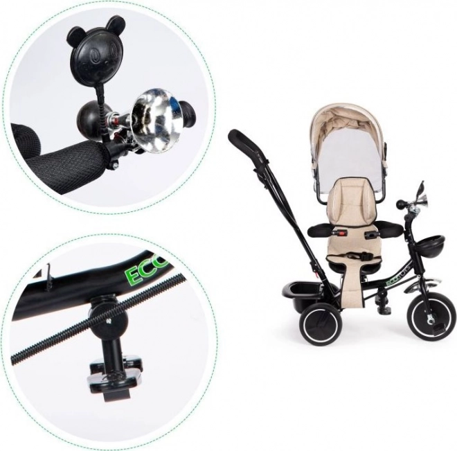 ECOTOYS tricikel s streho in vodilno palico bež barve