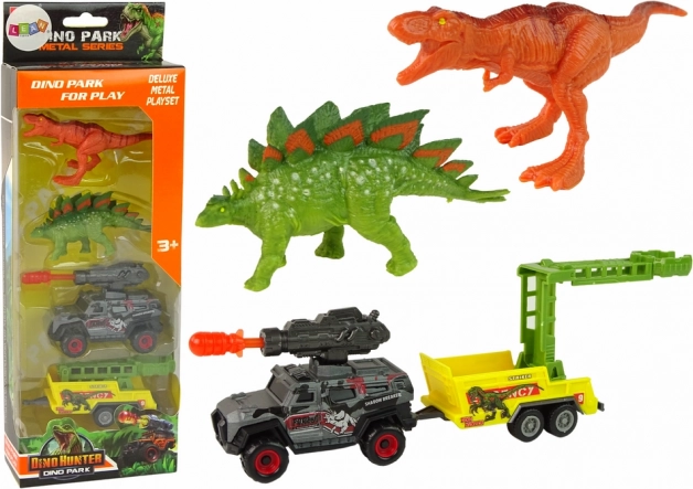 dinozavrski komplet z avtom, raketometom in prikolico