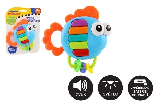 Ropotuljica/žvečilo riba piano plastika 14x14cm na baterije z zvokom in svetlobo na kartonu 3m+