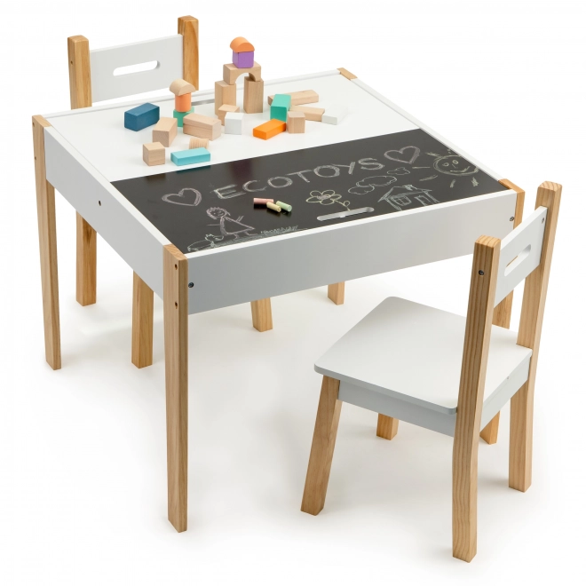 ECOTOYS Otroška lesena miza s tablo in dvema stoloma