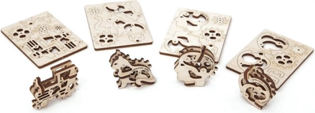 Ugears 3D mehanske lesene sestavljanke – 4 mehanski obeski Simboli značajev