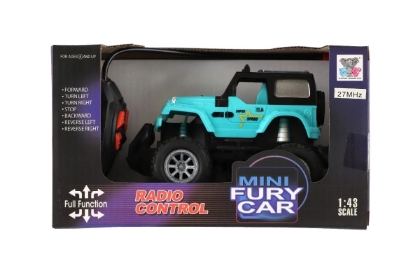 Auto RC terenski 14cm plast 27MHz na baterije s svetlobo v škatli 20x11x10cm – Turkizna