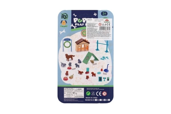 Psički/Pes 3 kosi z hišico/paso z dodatki na kartonu 15x25x5cm