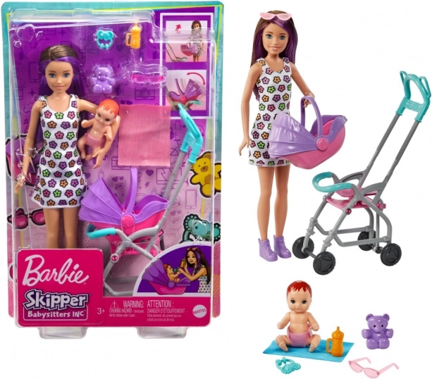Barbie Skipper varuška – voziček z dojenčkom in dodatki