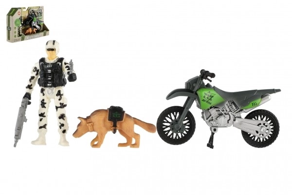 Vojaški set plastična motor, vojak, pes z dodatki v škatli 23x14x4cm