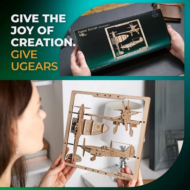Ugears lesenična mehanična sestavljanka Lovski letalo