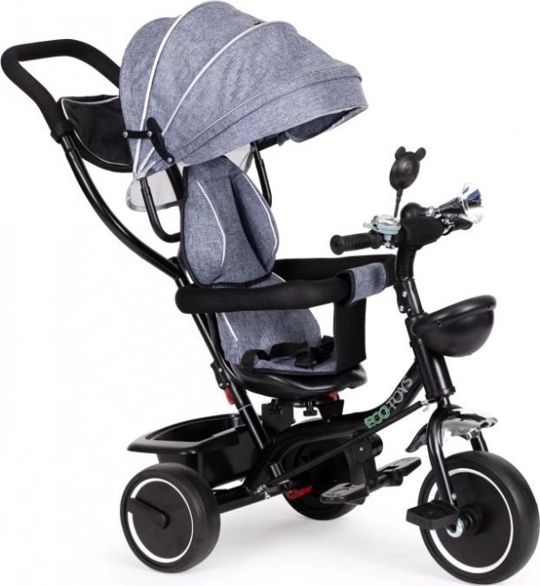 ECOTOYS Tricikel s streho in vodilno palico siva