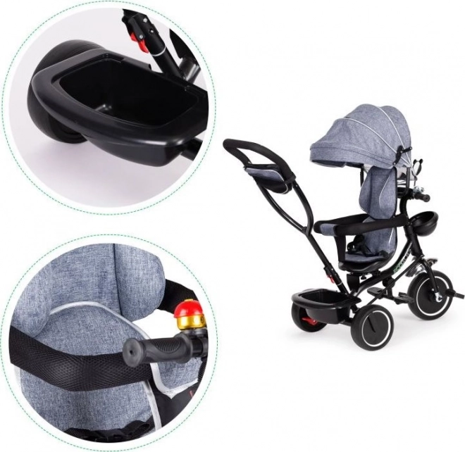 ECOTOYS Tricikel s streho in vodilno palico siva