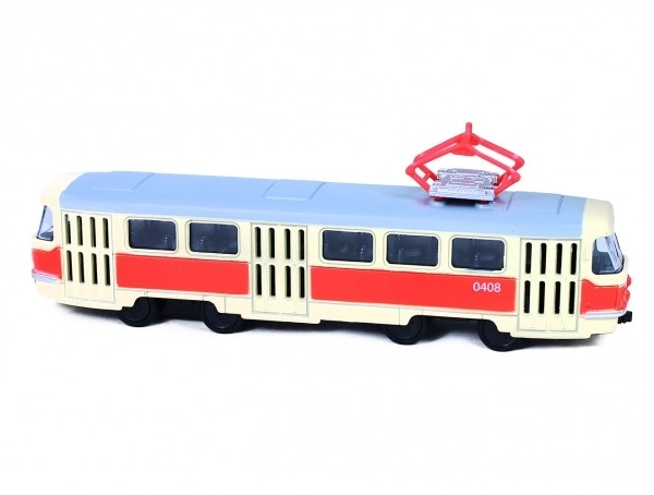 Tramvaj Tatra T3 češka kovinska 16cm retro z vzvratno vožnjo v škatli 20x8x6cm CZ dizajn