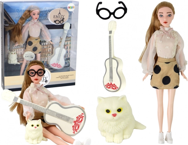 Punčka Emily s kitaro, očali in mucko