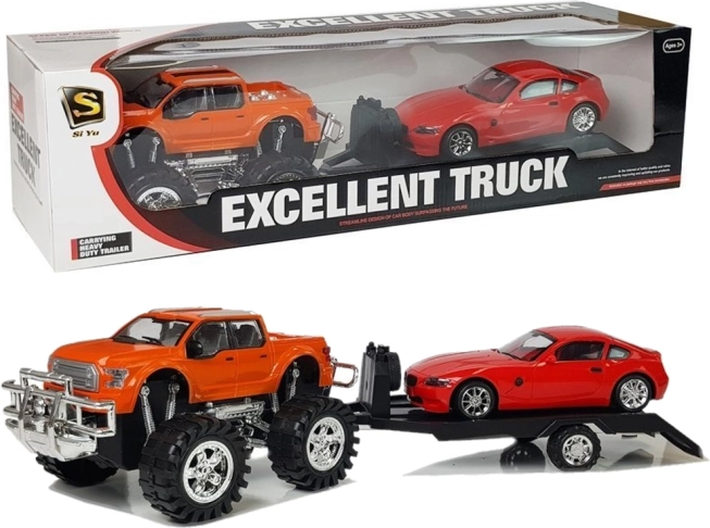 Komplet vozil: oranžni monster truck z vlečno prikolico in rdečim športnim avtom 58 cm