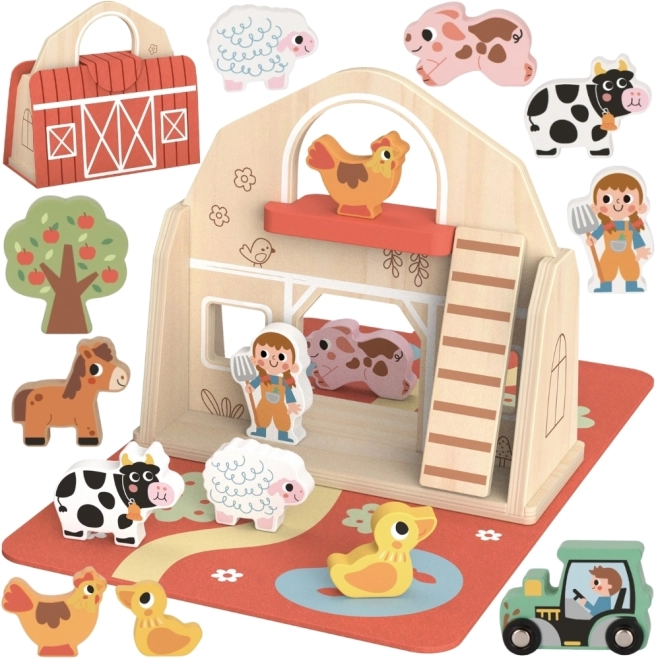 Tooky Toy Lesena zložljiva kmetija s figuricami živalic