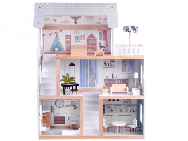 Lesena hiška za punčke z LED lučmi v boho slogu 78cm