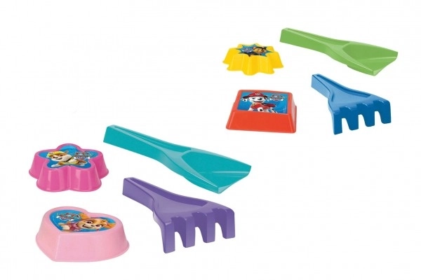 Set za pesek 4 kosi plast lopatka, grabljice, 2 kosi modelčkov Pasja patrulja 4 barve v mreži