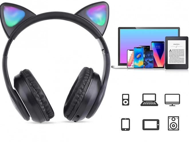 Brezžične slušalke bluetooth radio fm mp3 mačja ušesa led osvetlitev – črne
