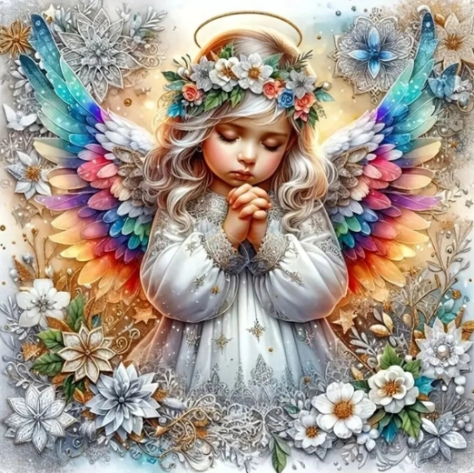 Diamantno slikanje Angelček z mavričnimi krili 30x40 cm