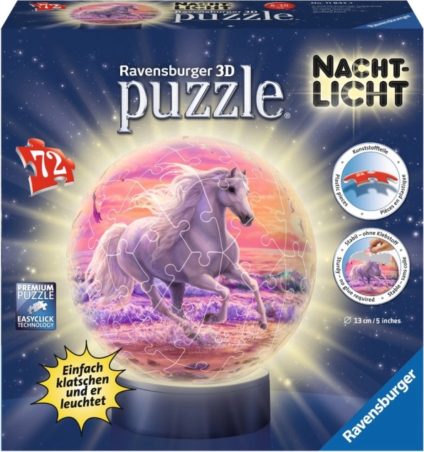 RAVENSBURGER svetleča 3D puzzle žoga konj na plaži, 72 kosov