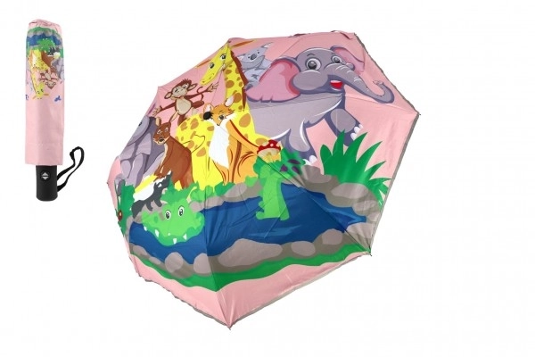 Dežnik Živali zložljiv izstrelitven blago/kovina 28cm roza v vrečki