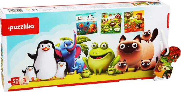 Puzzlika priljubljene živalice 3 v 1 – otroški puzzle 3 slike, 50 kosov