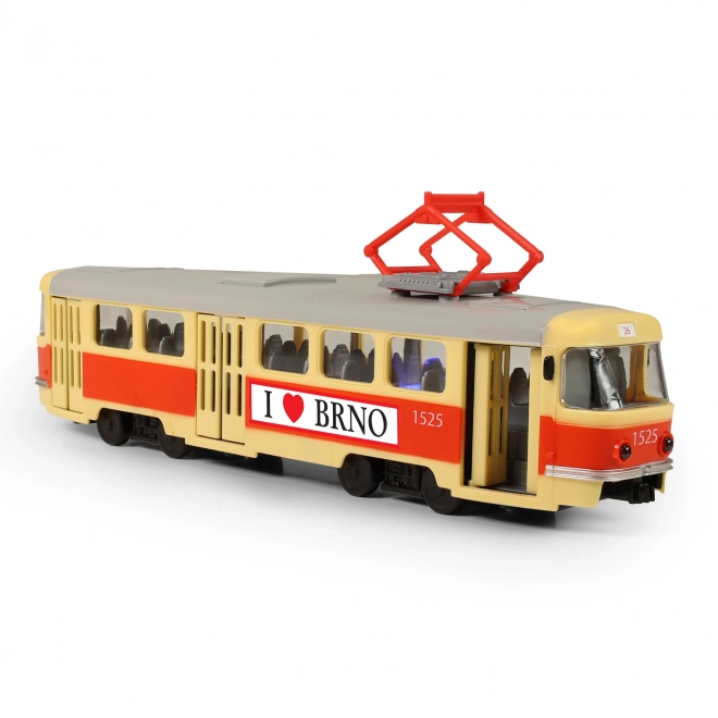 Tramvaj, ki napoveduje postajališča v češčini 28 cm BRNO
