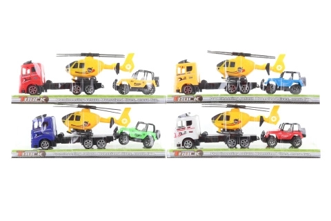 Tovornjak s helikopterjem in terenskim vozilom