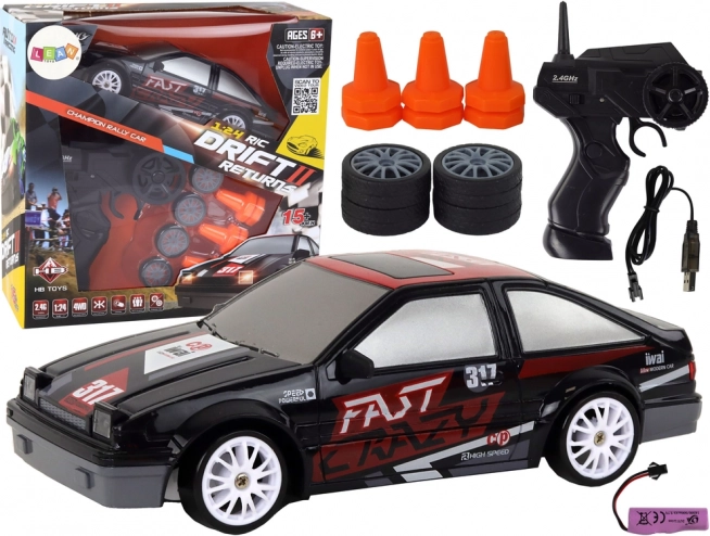 Športni RC avto 1:24 črn z zamenljivimi kolesi