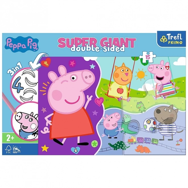 Sestavljanka 3v1 OGROMNA dvostranska 15 kosov Pujsa Pepa/Peppa Pig 60x40 cm v škatli 40x27x6 cm 24m+