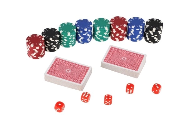 Poker set 100 kosov + karte + kocke v kovčku v škatli 28x25x8cm