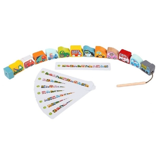 CUBIKA 14316 Nizanje prevoznih sredstev - nizalni set - 13 lesenih delov in 8 predlog