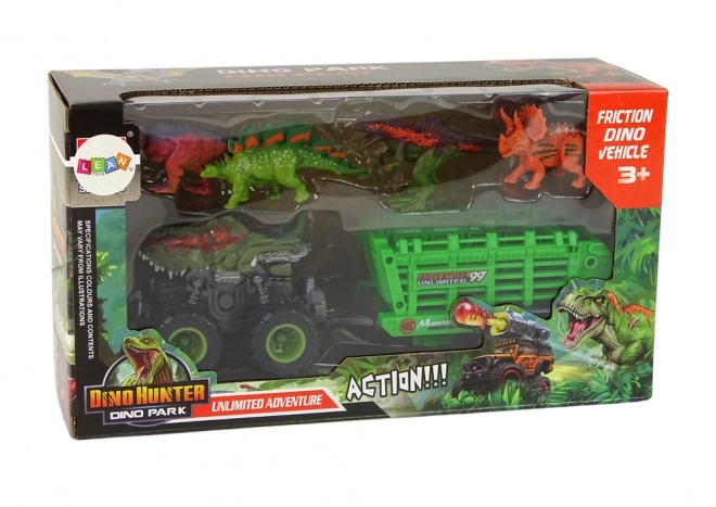 Dinozavrsko vozilo s prikolico in 4 figuricami dinozavrov