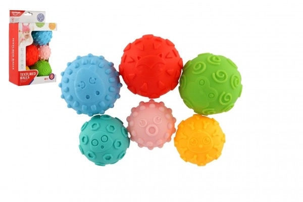 Set 6 žogic s teksturo guma 6-8cm v škatli 15x24x8cm 6m+
