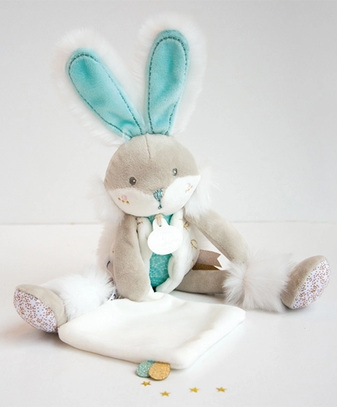 Darilni komplet Doudou – plišasti zajček z odejico 31 cm – Turkizna