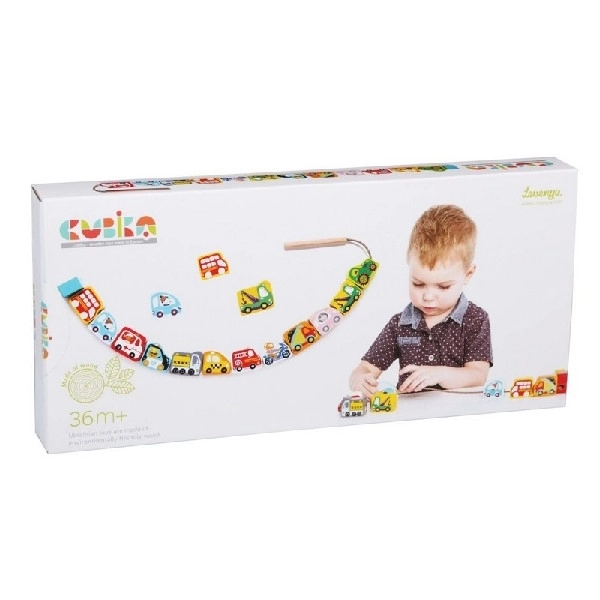 CUBIKA 14316 Nizanje prevoznih sredstev - nizalni set - 13 lesenih delov in 8 predlog