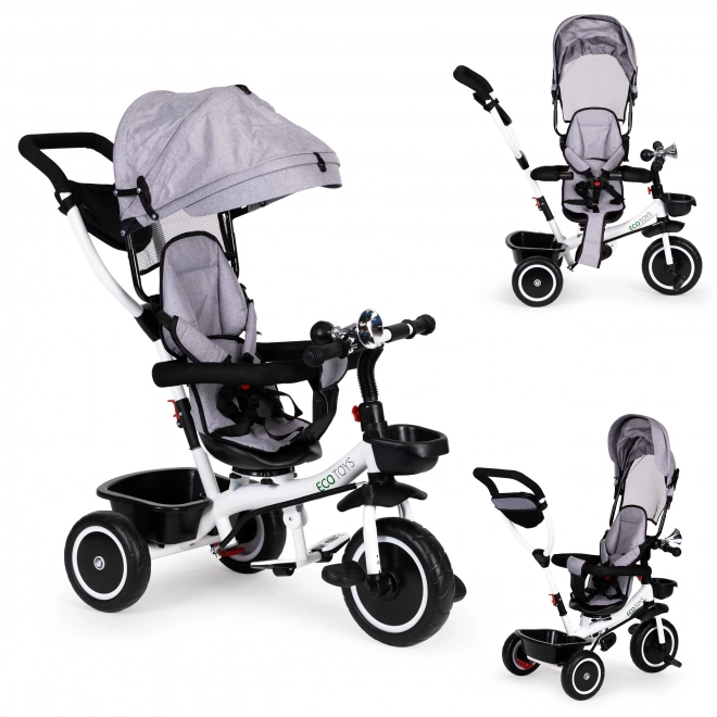 ECOTOYS Tricikel z nadstreškom in vodilno palico - siva