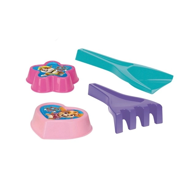 Set za pesek 4 kosi plast lopatka, grabljice, 2 kosi modelčkov Pasja patrulja 4 barve v mreži