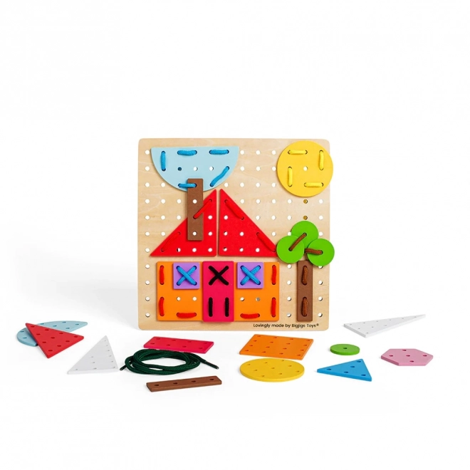 Bigjigs Toys Lesena igra za vezanje Geometrične oblike