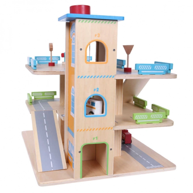 Lesena garažna steza z dvigalom + avtomobilčki Ecotoys