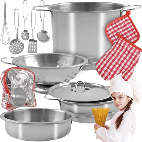 Kovinski otroški kuhinjski set, 13 delov, v prozornem nahrbtniku