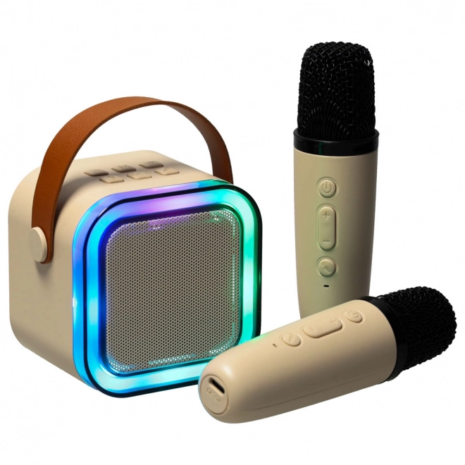 Karaoke set 2 mikrofona + prenosni zvočnik BLUETOOTH USB LED bež barva