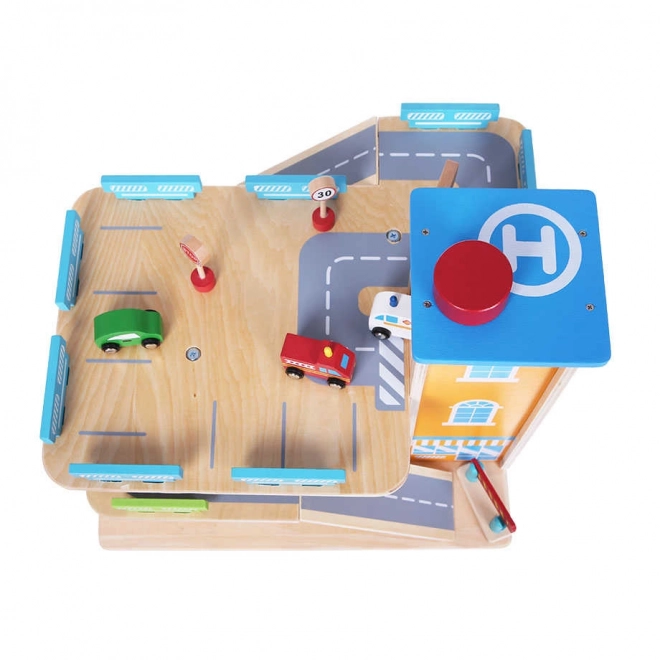 Lesena garažna steza z dvigalom + avtomobilčki Ecotoys