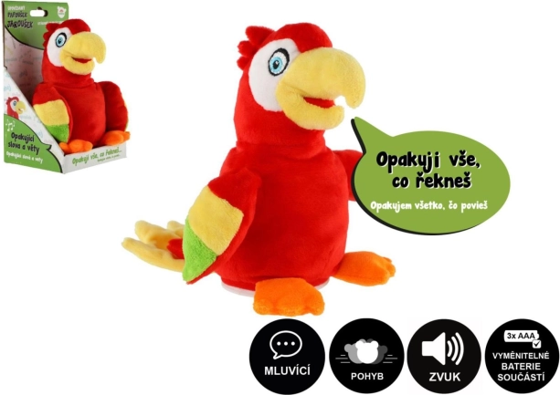 Papiga Jaroušek, ki ponavlja stavke, plišasta igrača