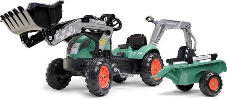 Otroški poganjalni traktor s sprednjim nakladačem in prikolico FALK za otroke 2–5 let
