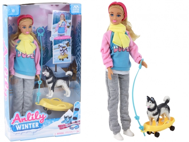 Lutka Anlily s Husky Psom in Sankanjem Zimska Edicija
