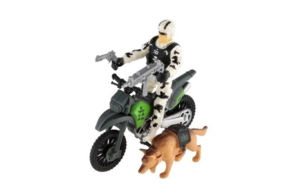 Vojaški set plastična motor, vojak, pes z dodatki v škatli 23x14x4cm