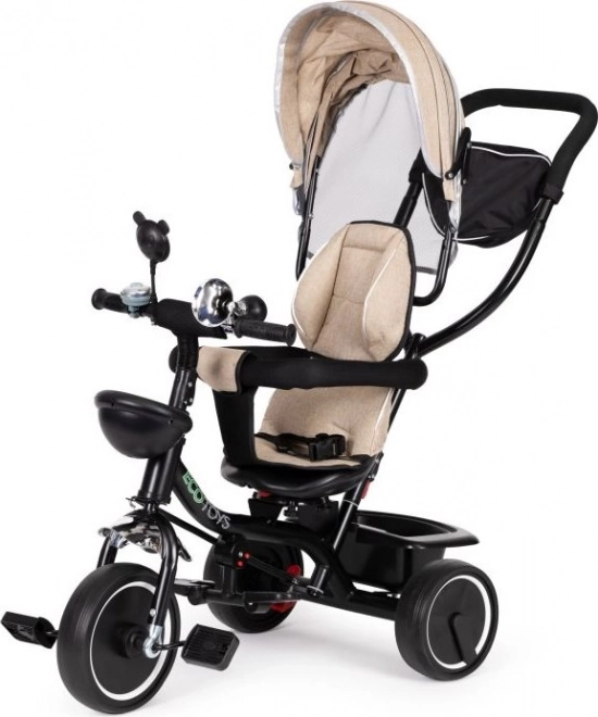 ECOTOYS tricikel s streho in vodilno palico bež barve