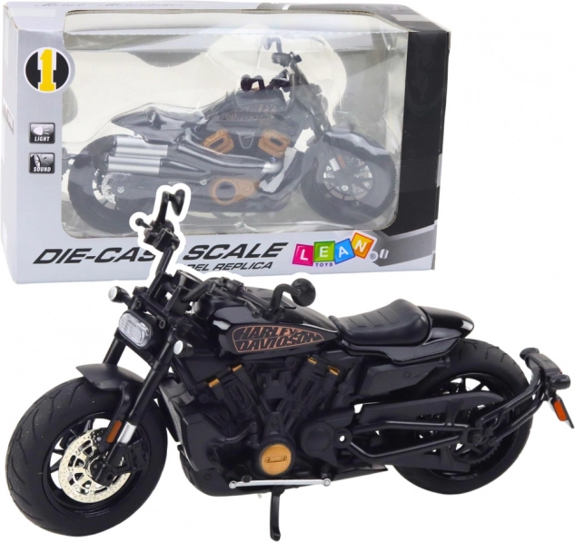 kovinski model chopper motocikla 1:12, črn z zlatimi elementi z lučmi in zvoki